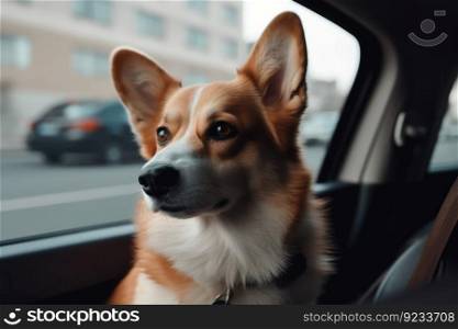 Corgi dog car trip. Animal funny. Generate Ai. Corgi dog car trip. Generate Ai