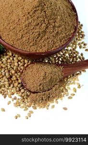 Coriander seeds, Fresh Coriander and Powdered coriander isolated on white background.