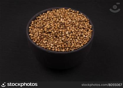 Coriander seeds in small bowl on dark background