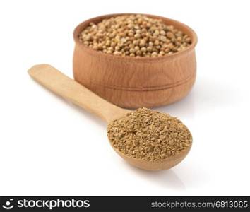 coriander spices in spoon isolated on white background