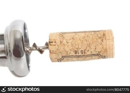 cork on corkscrew isolated on white background