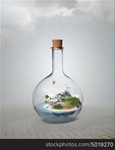 Corked glass bottle with beautiful island and sea inside. Confidence, stability, insurance concept