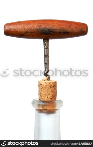 Corkscrew, cork and bottle on a white background