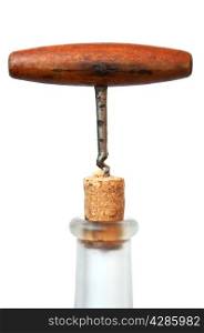 Corkscrew, cork and bottle on a white background