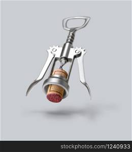 Corkscrew for wine and cork on a gray background.with clipping path