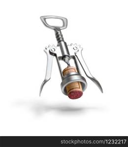 Corkscrew for wine and cork on a white background.with clipping path