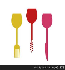 corkscrew, fork and knife like glass on white, stock vector illustration