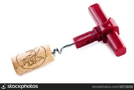 corkscrew with red handle isolated