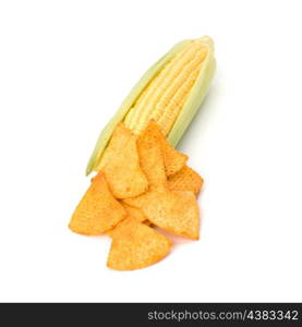 Corn cob and corn chips isolated on white background