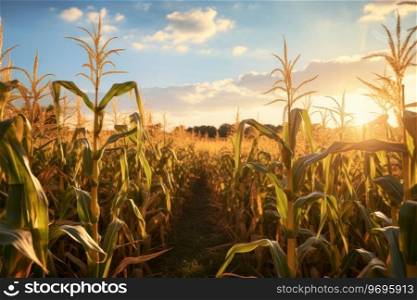 Corn field in the afternoon sunlight. Organic food. Cornfield ready for harvest. Corn plantation field. Golden brown corn field. Agricultural concept. Natural background