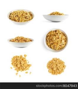 Corn flakes set isolated in a plate on white background. With clipping path.