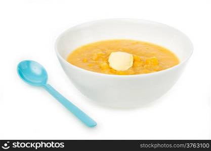 Corn soup in bowl on white background