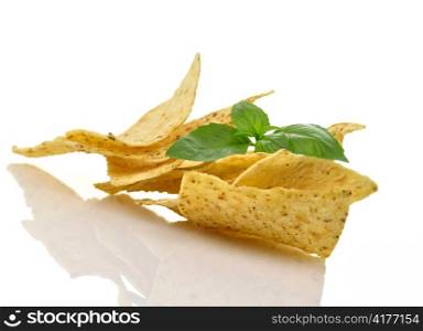 Corn tortilla chips on white background , close up