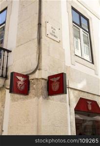 Corner of Street Victory where the Footbal Club Sport Lisboa e Benfica (SLB) has its gift shop in Lisbon, Portugal