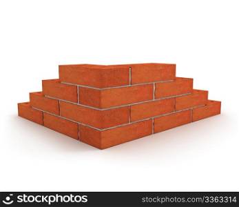 Corner of wall made from orange bricks isolated on white background