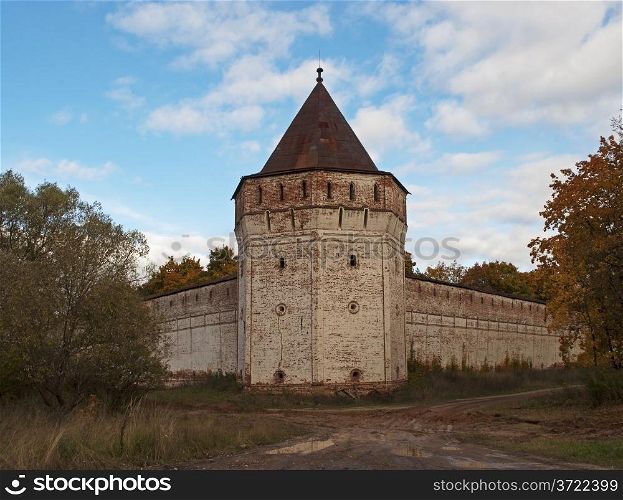 Corner tower of ancient russian Monastery of Sts Boris and Gleb near Rostov the Great, Russia