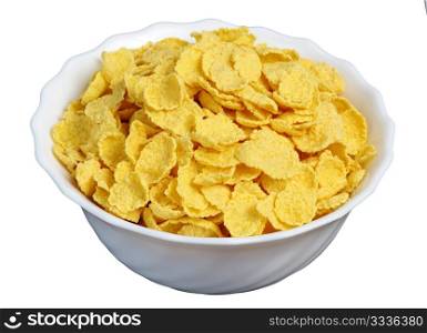 cornflakes in a white cup on a black background, isolated