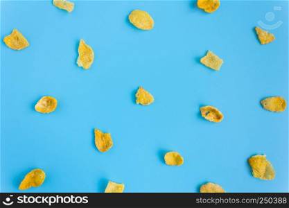 Cornflakes on Blue Pastel Background Minimalist. Cereal Breakfast healthy clean food for food and dessert category