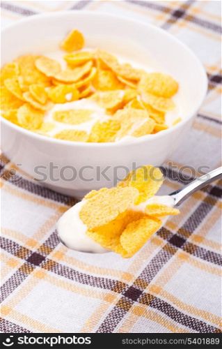 Cornflakes with yoghurt, healthy breakfast