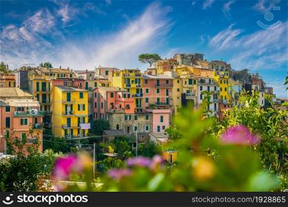 Corniglia, Colorful cityscape on the mountains over Mediterranean sea in Cinque Terre Italy Europe