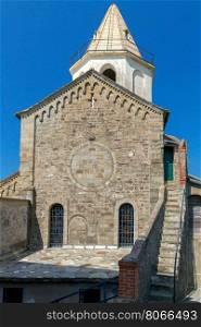 Corniglia. The Old Church.. Old stone church in the medieval Italian village of Corniglia. Cinque Terre. Liguria.