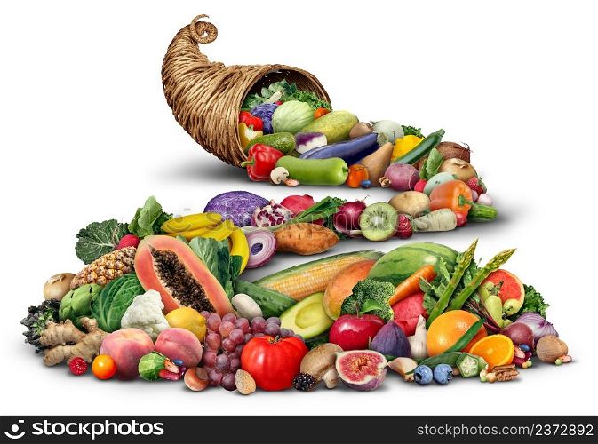 Cornucopia horn object full of fresh fruit and vegetables on a white background as a rustic traditional wicker or weaved basket with healthy nutritious agricultural produce.