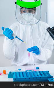 Corona Virus Vaccine Research, Scientist Working in the Institute Laboratory, Holding a micro pipette. Corona Virus Vaccine Research in the Laboratory