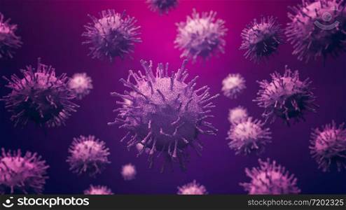 Corona Virus2019-nCoV or Covid 19. Asian flu infection outbreak as pandemic risk around the world in medical concept. close up of microscope virus cells. 3d abstract illustration.