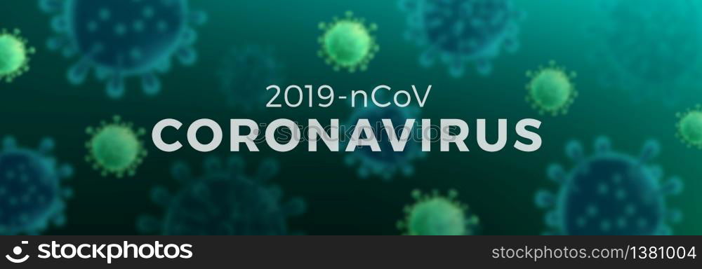 Coronavirus 2019-nCov novel coronavirus concept. Pandemic medical health risk. Microscope virus close up banner. Illustration 3D