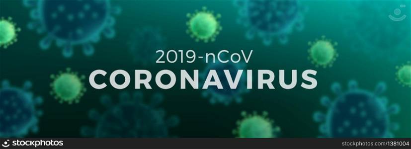 Coronavirus 2019-nCov novel coronavirus concept. Pandemic medical health risk. Microscope virus close up banner. Illustration 3D