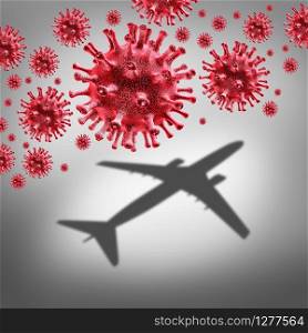 Coronavirus and travel risk of virus or bacteria infection in airplanes and germ hygiene in an airline flight and the dangersto tourists and travellers of covid 19 as a 3D illustration elements.