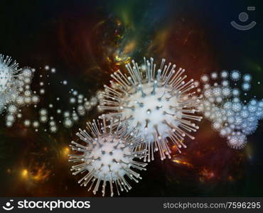 Coronavirus Chemistry. Viral Epidemic series. 3D Illustration of Coronavirus particles and micro space elements suitable for projects on virus, epidemic, infection, disease and health