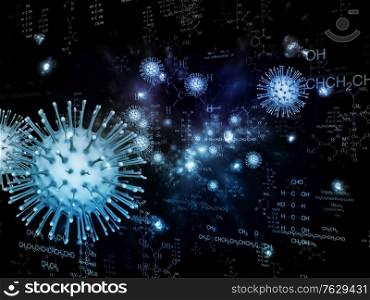 Coronavirus Chemistry. Viral Epidemic series. 3D Illustration of Coronavirus particles and micro space elements suitable for projects on virus, epidemic, infection, disease and health