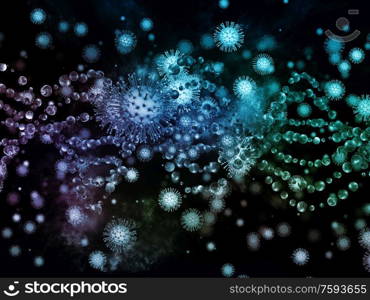 Coronavirus Chemistry. Viral Epidemic series. Abstract arrangement of Coronavirus particles and micro space elements suitable for projects on virus, epidemic, infection, disease and health