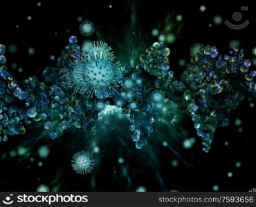 Coronavirus Chemistry. Viral Epidemic series. Abstract arrangement of Coronavirus particles and micro space elements suitable for projects on virus, epidemic, infection, disease and health