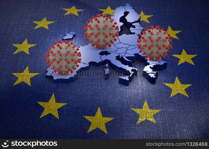 Coronavirus covid 19 against the background of the European Union. 3D render.