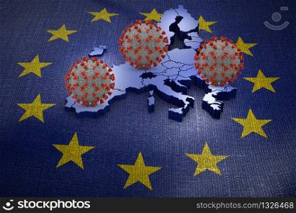 Coronavirus covid 19 against the background of the European Union. 3D render.