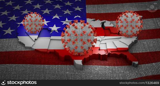 Coronavirus covid 19 against the background of the USA map. 3D render.