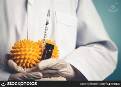 Coronavirus COVID-19 medical test vaccine research and development concept. Scientist in laboratory study and analyze scientific sample of Coronavirus antibody to produce drug treatment for COVID-19.