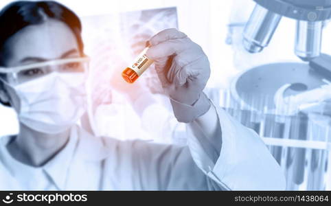 Coronavirus COVID-19 medical test vaccine research and development concept. Scientist in laboratory study and analyze scientific sample of Coronavirus antibody to produce drug treatment for COVID-19.