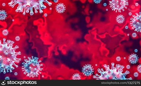 Coronavirus Covid-19 outbreak and coronaviruses influenza background as dangerous flu strain cases as a pandemic medical health risk concept with disease cells as a 3D render