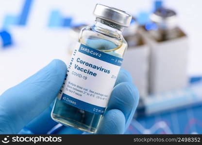 Coronavirus COVID-19 vaccine multi dose bottle research trial concept.