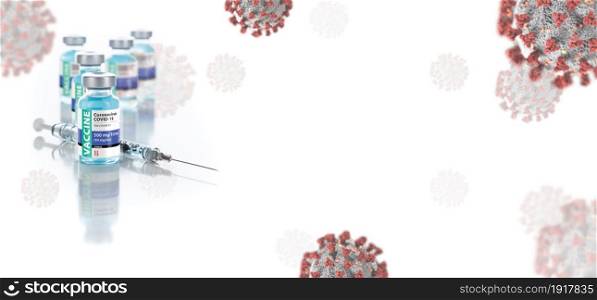 Coronavirus COVID-19 Vaccine Vial Against Molecule Background Banner.