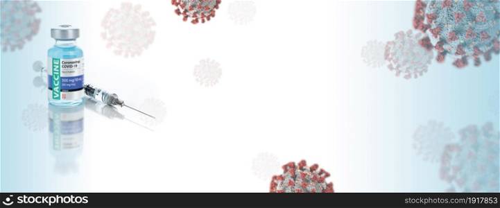 Coronavirus COVID-19 Vaccine Vial Against Molecule Background Banner.