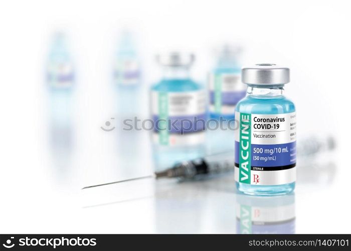 Coronavirus COVID-19 Vaccine Vials and Syringe On Reflective Surface.