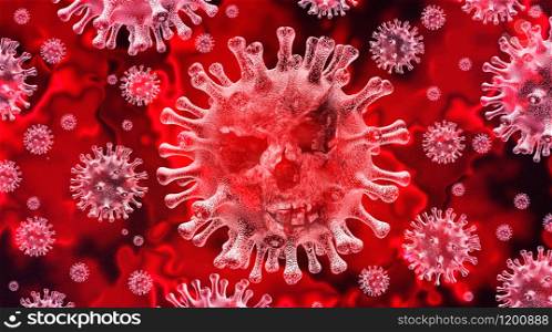 Coronavirus danger and public health risk disease and flu outbreak or coronaviruses influenza background as dangerous viral strain case as a pandemic medical concept with dangerous cells as a 3D render