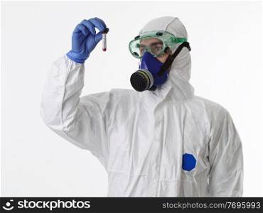 Coronavirus, Doctor holding positive covid-19 virus Blood Sample tube. Wearing biohazard epidemic Protective mask, suit and glows against white background