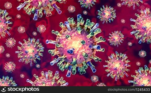 Coronavirus global outbreak and coronaviruses influenza background as dangerous flu strain cases as a pandemic medical health risk concept with disease cells as a 3D render.