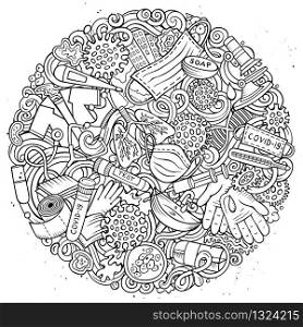 Coronavirus hand drawn vector doodles illustration. Round design. Many elements and objects cartoon background. Line art picture. All items are separated. Coronavirus hand drawn vector doodles illustration. Round design.