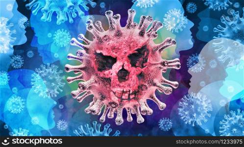 Coronavirus health danger and public health risk disease and flu outbreak or coronaviruses influenza as dangerous viral strain case as a public pandemic medical concept with dangerous cells as a 3D render.